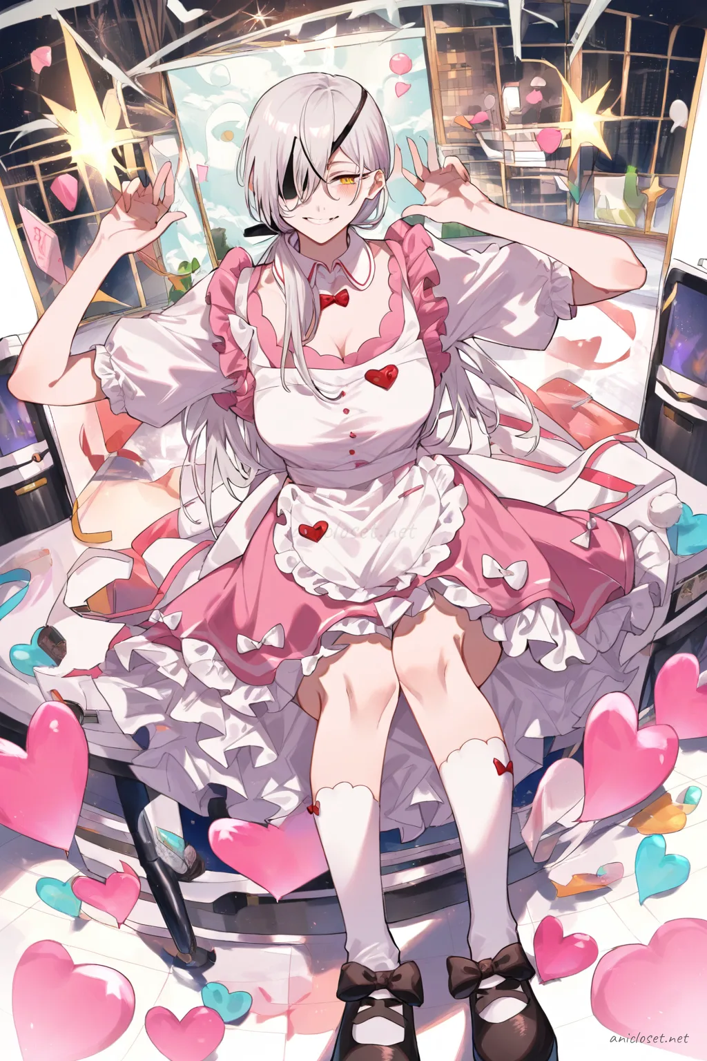 Full body illustration of Quanxi in pastel pink maid dress with scalloped apron, heart buttons, puff sleeves, peter pan collar, bow shoes, and knee socks, standing