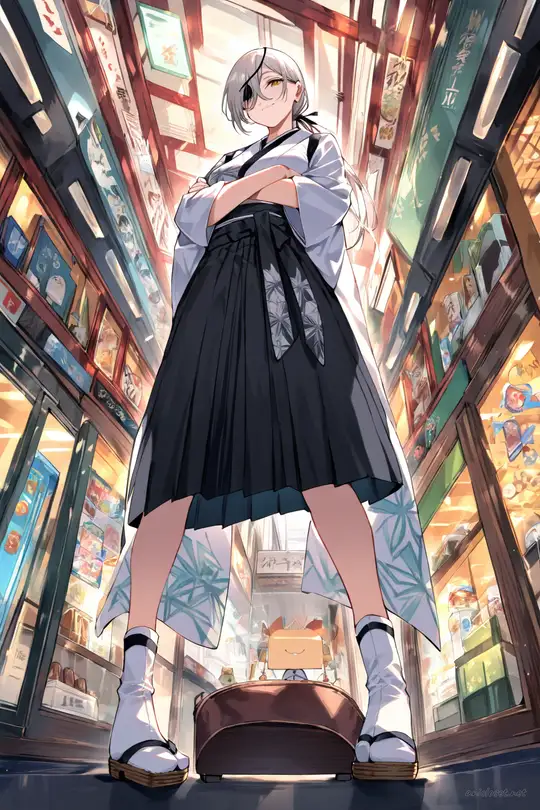 Illustration of Quanxi in a maid outfit with kimono sleeves, hakama-inspired skirt, white apron, and ribbon obi, shown from front in cowboy shot