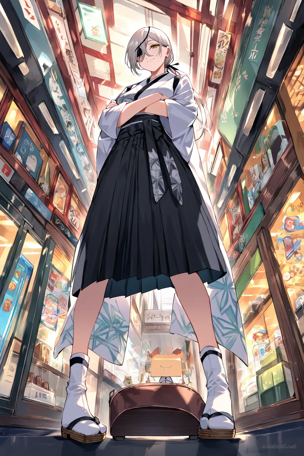 Illustration of Quanxi in a maid outfit with kimono sleeves, hakama-inspired skirt, white apron, and ribbon obi, shown from front in cowboy shot