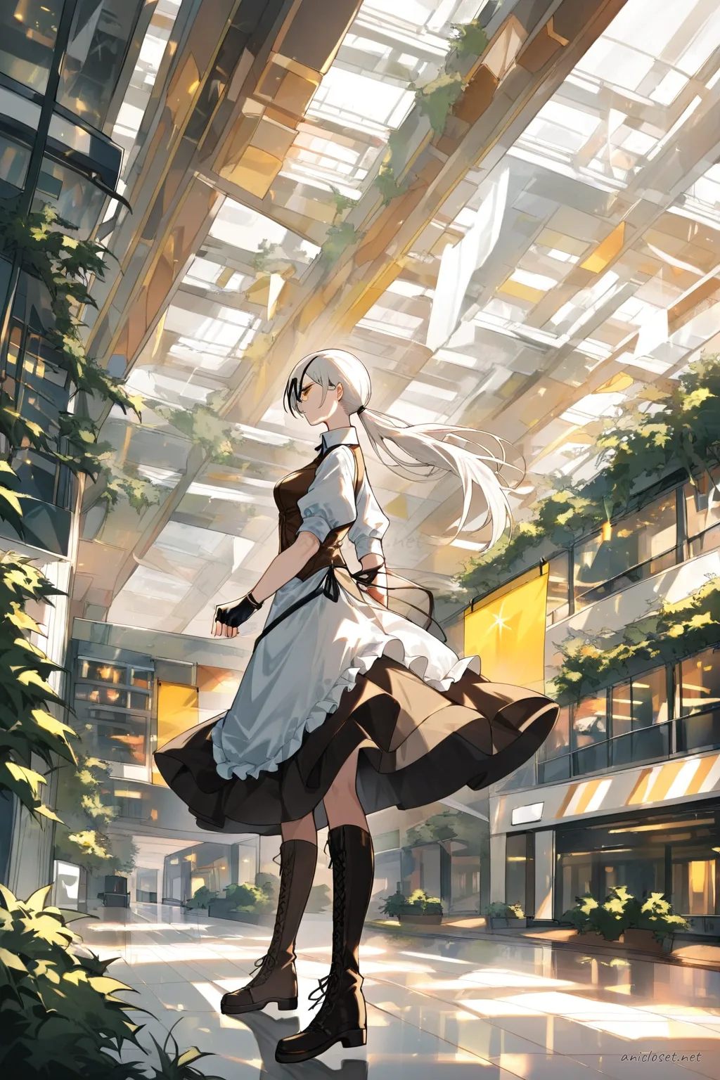 Quanxi in a steampunk maid uniform with brown corset vest, layered skirt, white utility apron, and lace-up boots, knee-up half-body view
