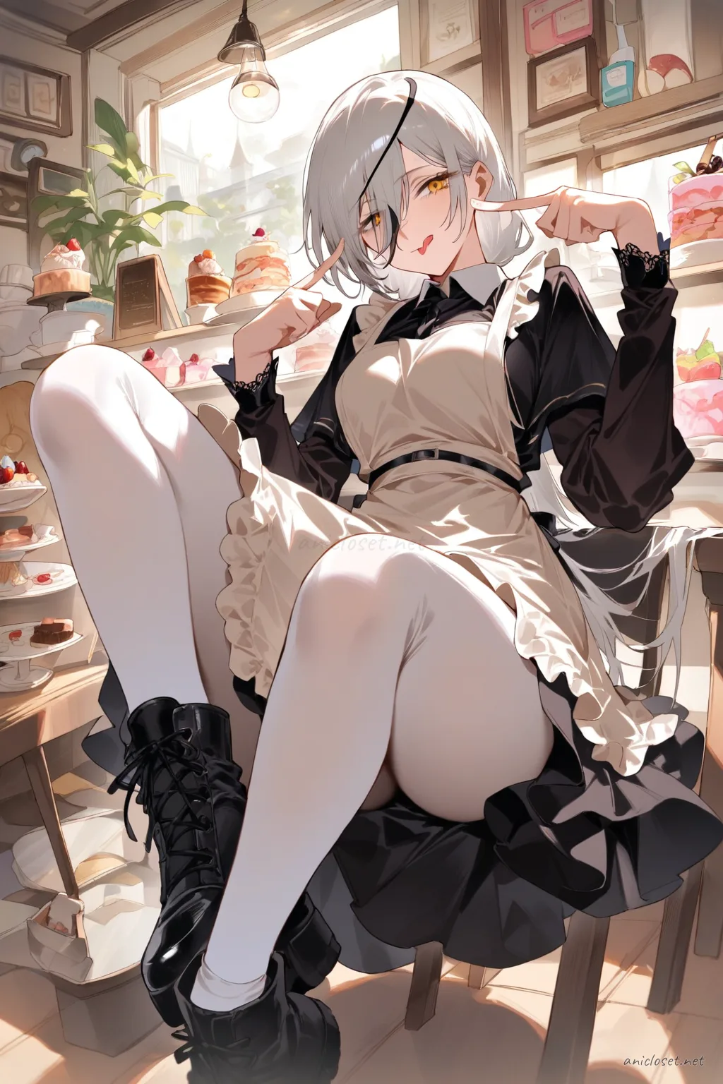 Full body front view illustration of Quanxi in a winter maid dress with velvet long sleeves, warm apron, capelet, opaque tights, and ankle boots