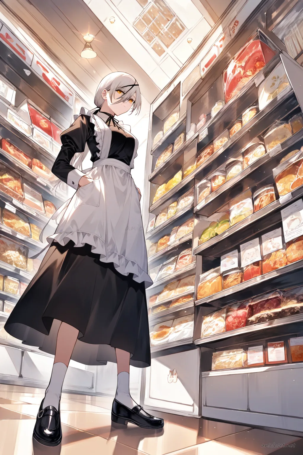 Full-body illustration of Quanxi wearing a black cat-motif maid dress with white paw-print apron pockets, bell ribbon choker, puffed sleeves, knee-length skirt, white frilled headband, black Mary Jane shoes, and white ankle socks, standing against a clean studio backdrop