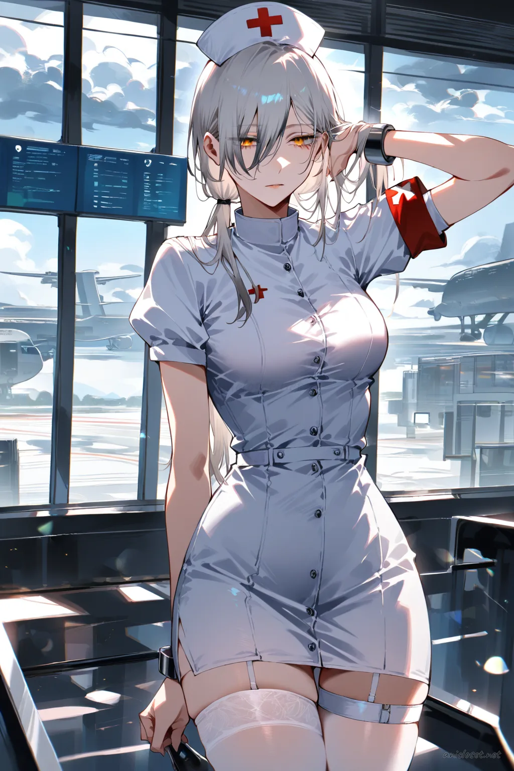 Illustration of Quanxi in a fitted nurse uniform dress with short hem, nurse cap, red cross armband, sheer white tights, and mary janes, front cowboy shot