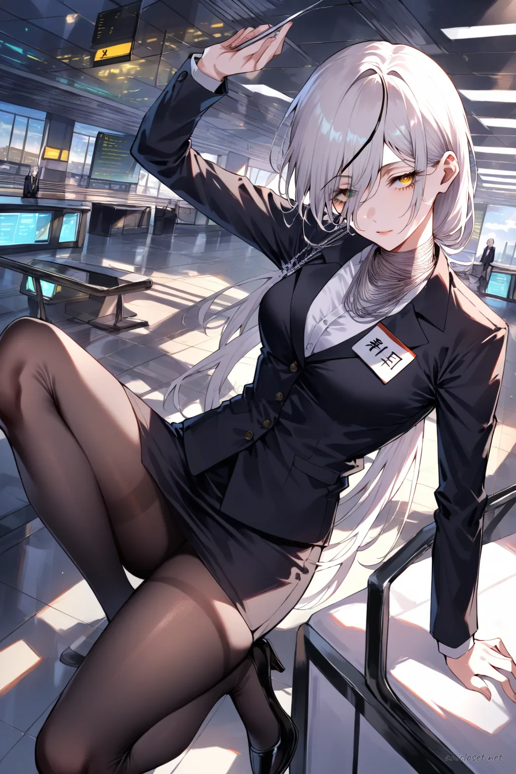 Illustration of Quanxi wearing an airline cabin-attendant uniform with tailored jacket, silk scarf, pencil skirt, sheer tights, and black pumps