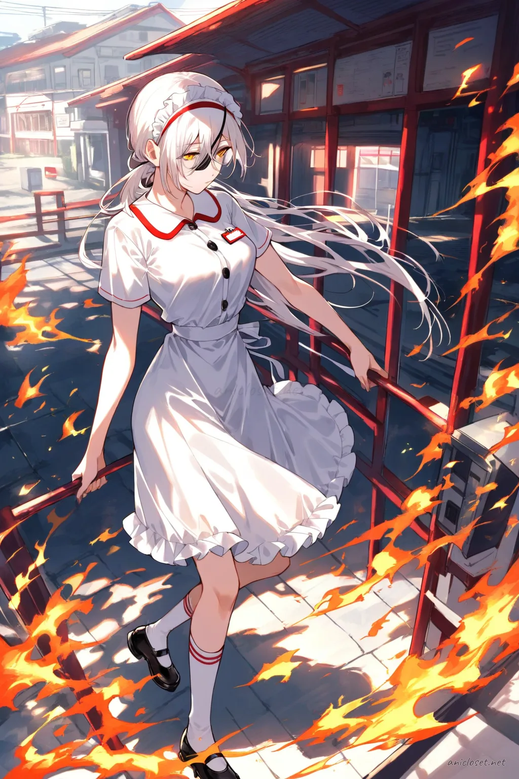 Half-body illustration of Quanxi in navy short-sleeve traffic officer uniform with white gloves, peaked cap, pencil skirt, and reflective armband