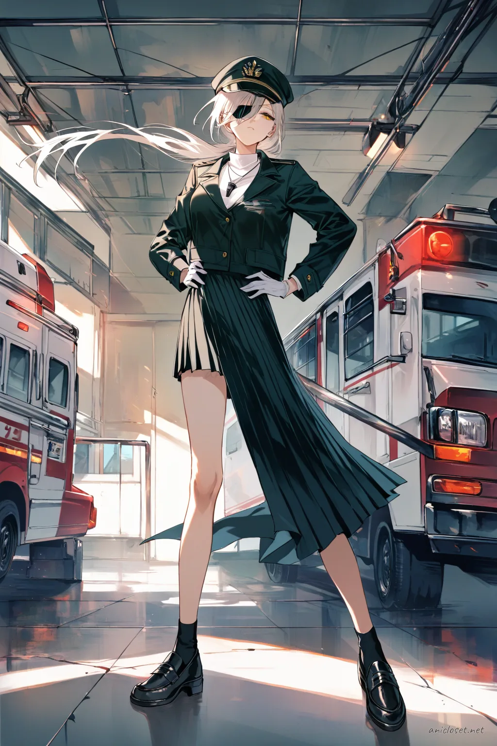 Full-body illustration of Quanxi in navy uniform with pleated skirt, cap, white gloves, and whistle necklace against a clean studio backdrop