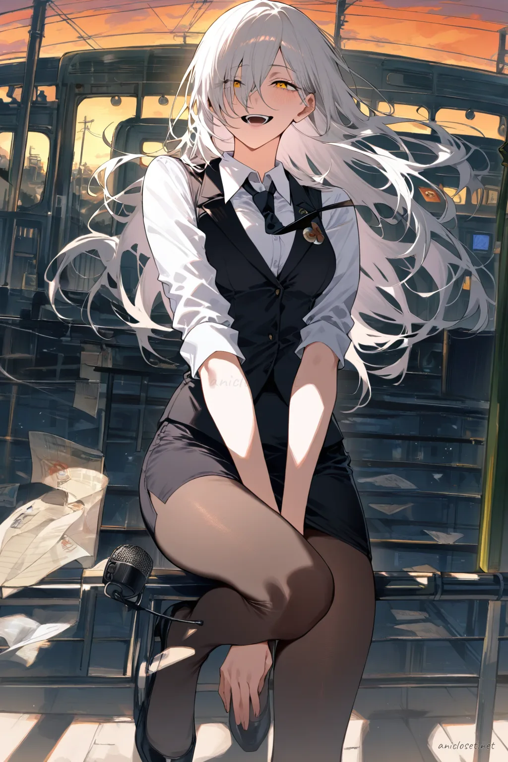 Illustration of Quanxi in a navy tactical vest over a fitted white shirt, navy cargo skirt, holster belt, holding a helmet under arm, viewed from front in cowboy shot