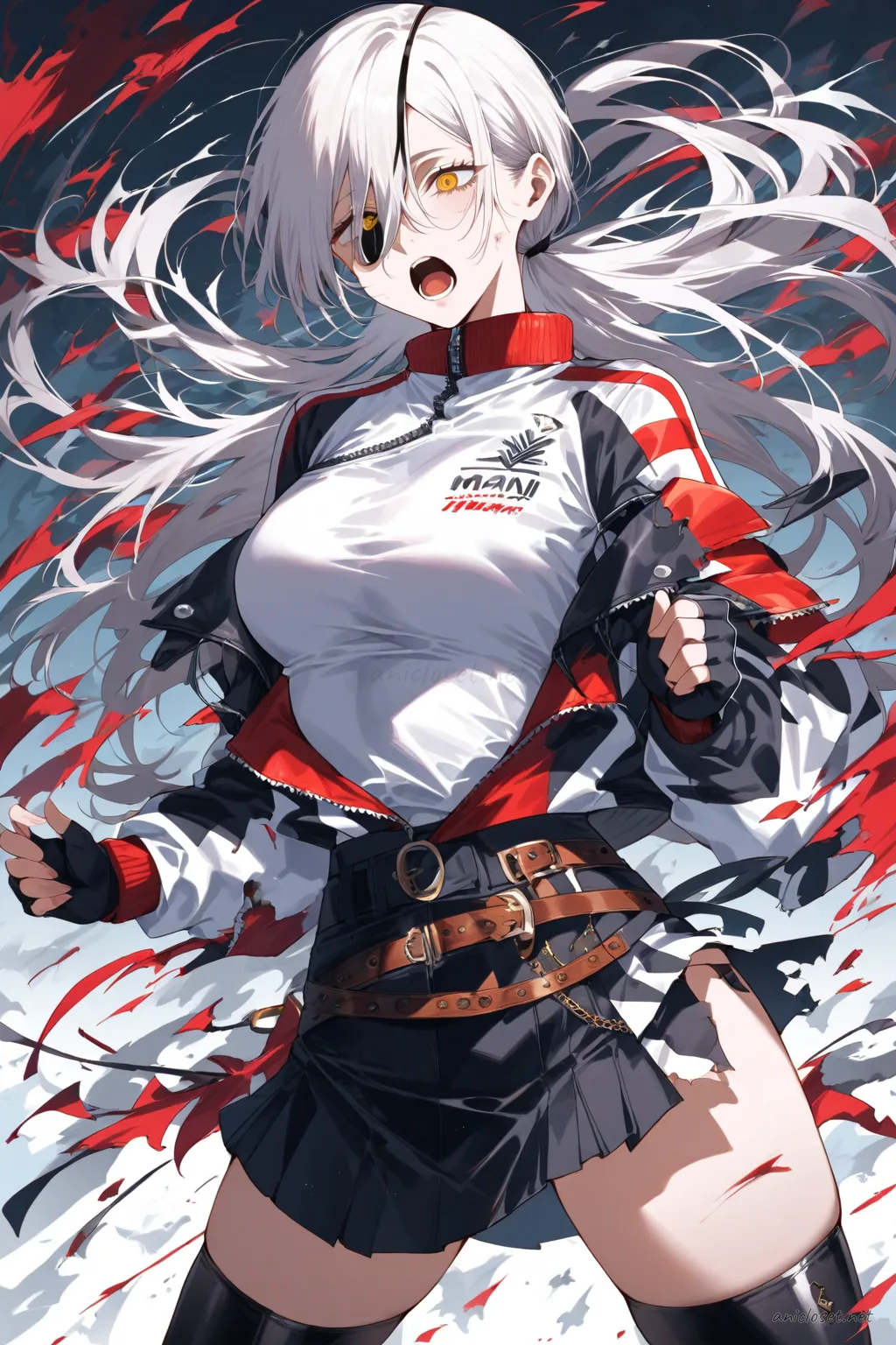 Illustration of Quanxi wearing a tight cropped racing jacket, mini skirt, thigh-high boots, and fingerless gloves with sponsor-style patches and racing stripes