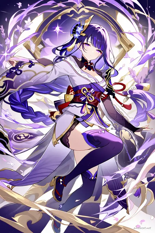 Full-body illustration of Raiden Shogun in her signature purple and lavender sleeveless cheongsam dress with gold embroidery, standing pose on clean studio backdrop