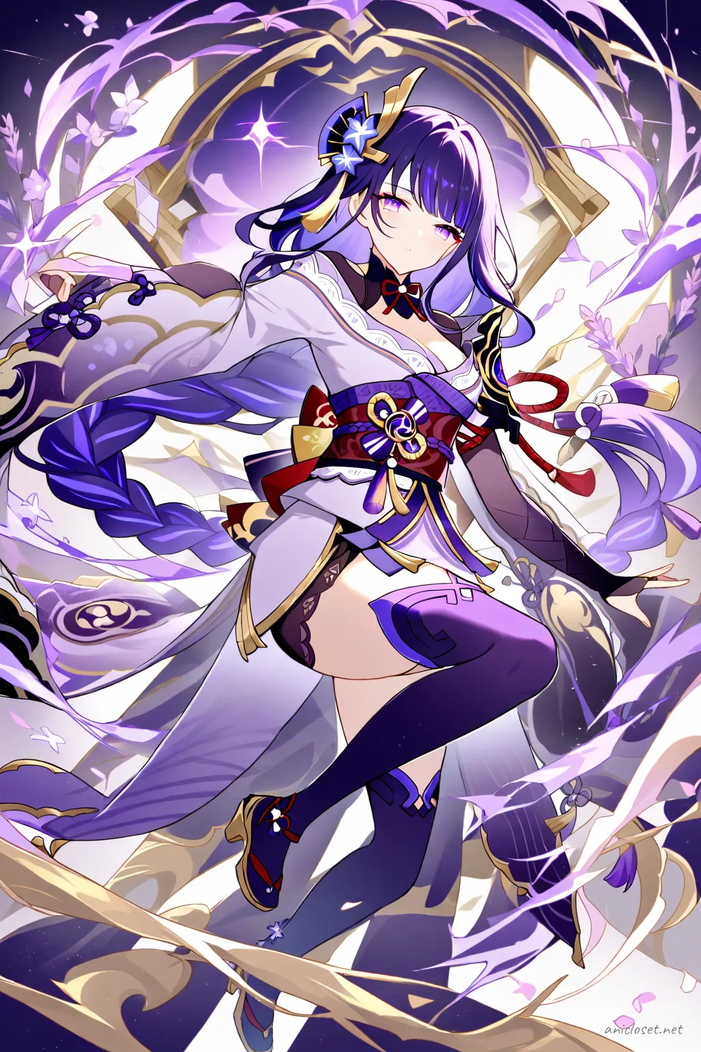 Full-body illustration of Raiden Shogun in her signature purple and lavender sleeveless cheongsam dress with gold embroidery, standing pose on clean studio backdrop