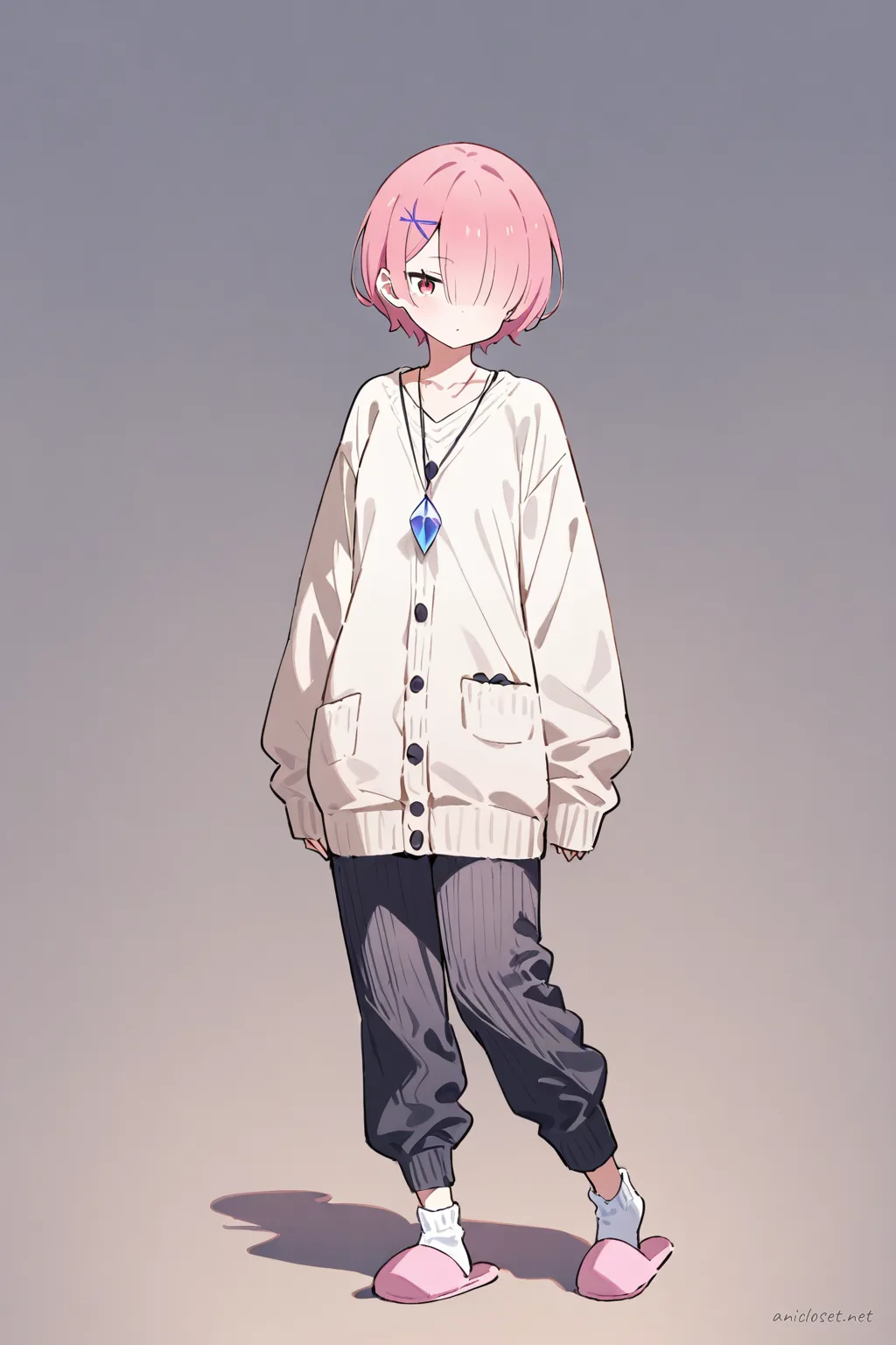 Full-body three-quarter view illustration of Ram wearing an oversized cardigan, soft lounge pants, cozy socks, and slip-on slippers against a simple studio background