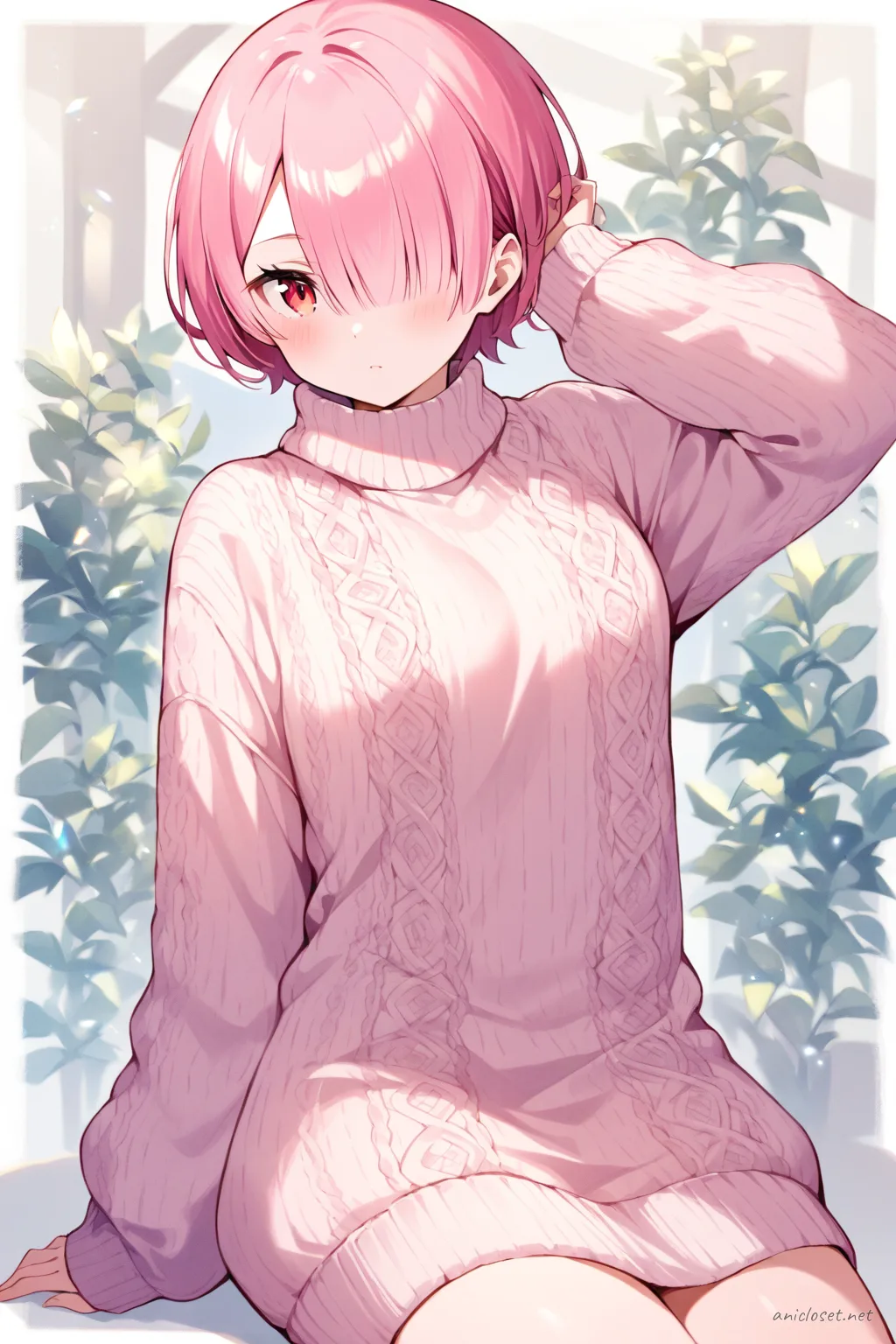 Full-body three-quarter view of Ram from Re:Zero wearing a pastel pink cable knit turtleneck sweater dress with long sleeves and fuzzy indoor slippers in a simple studio background