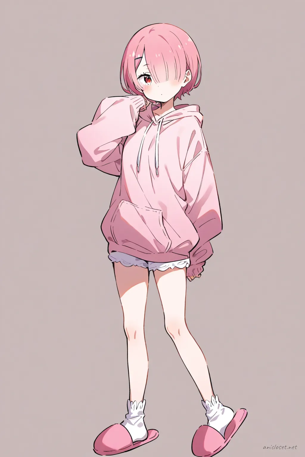 Full-body three-quarter view of Ram wearing a pink oversized hoodie and white drawstring shorts with ankle socks and slip-on house slippers against a simple studio background