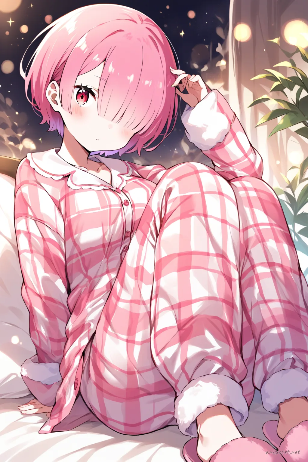 Full-body illustration of Ram from Re:Zero wearing a pastel red and white checkered flannel pajama top and modest pajama pants, standing in a clean studio with cozy slippers visible