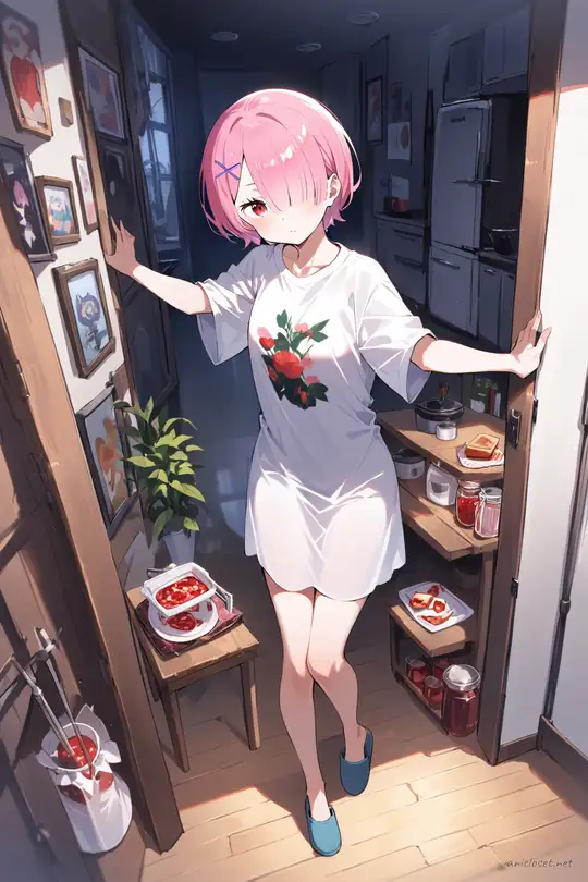 Full-body illustration of Ram in a satin robe layered over a graphic tee dress, wearing house slippers and a hair clip, standing in a kitchen doorway holding toast and a jam jar against a clean studio backdrop