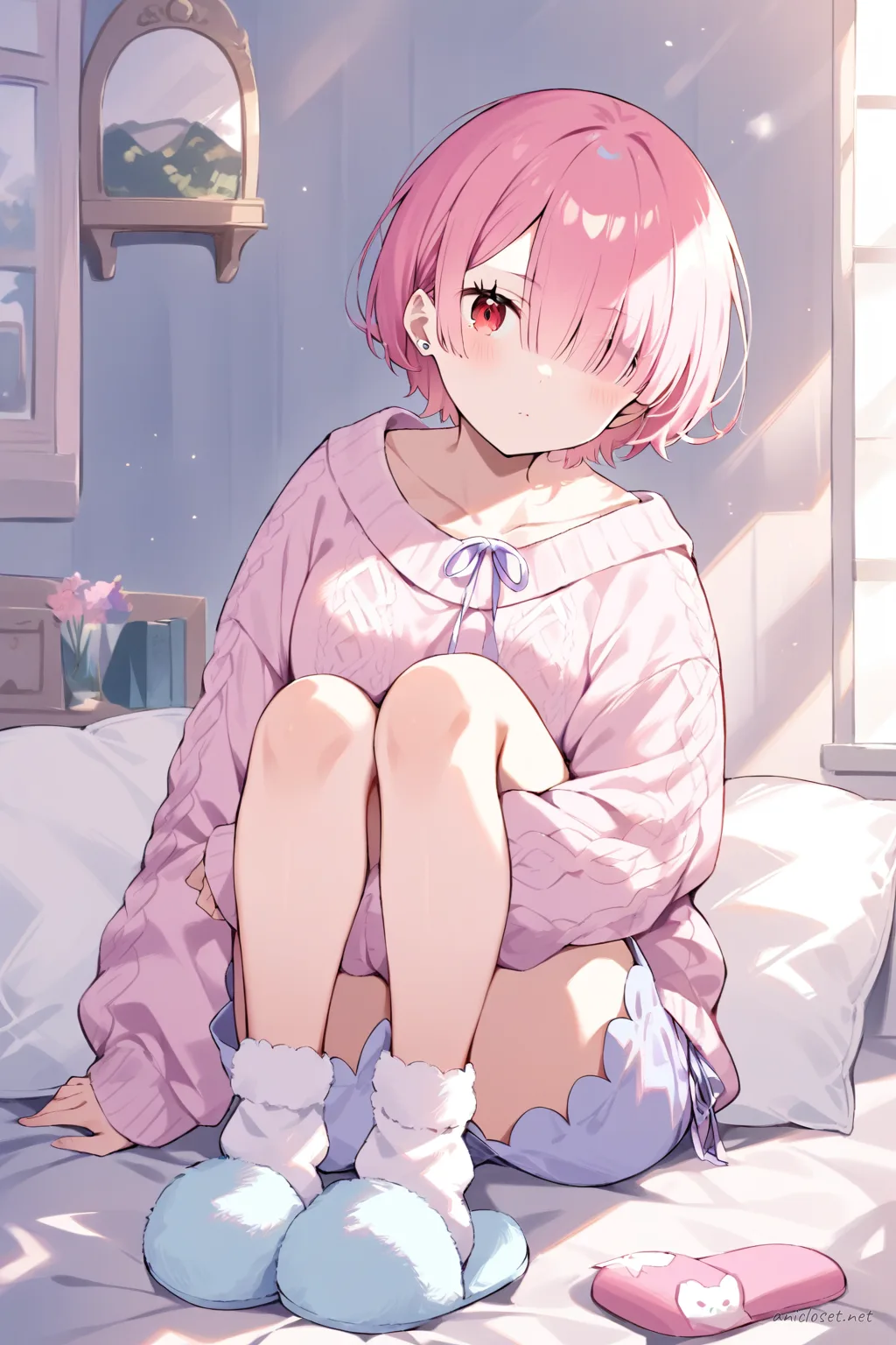 Illustration of Ram from Re:Zero in a knee-up half-body pose wearing a pastel pink oversized knit sweater, loose pastel lavender lounge shorts, fuzzy white knee-high socks, and soft pastel blue slippers against a clean background with soft studio lighting