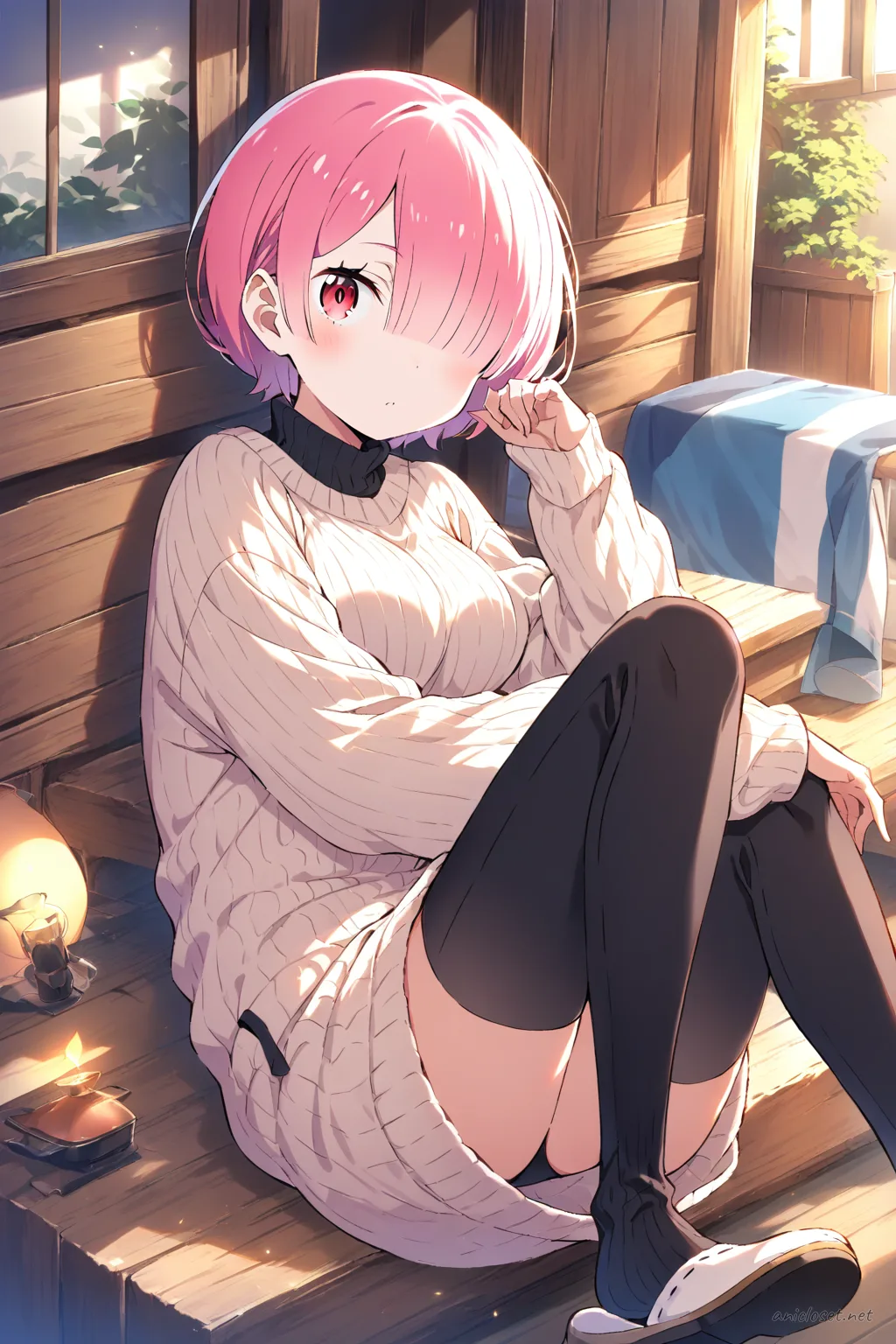 Full-body three-quarter view illustration of Ram wearing a long knit tunic with ribbed texture, turtleneck, side slits, black ankle-length leggings, cozy socks, and slip-on house slippers against a simple studio background