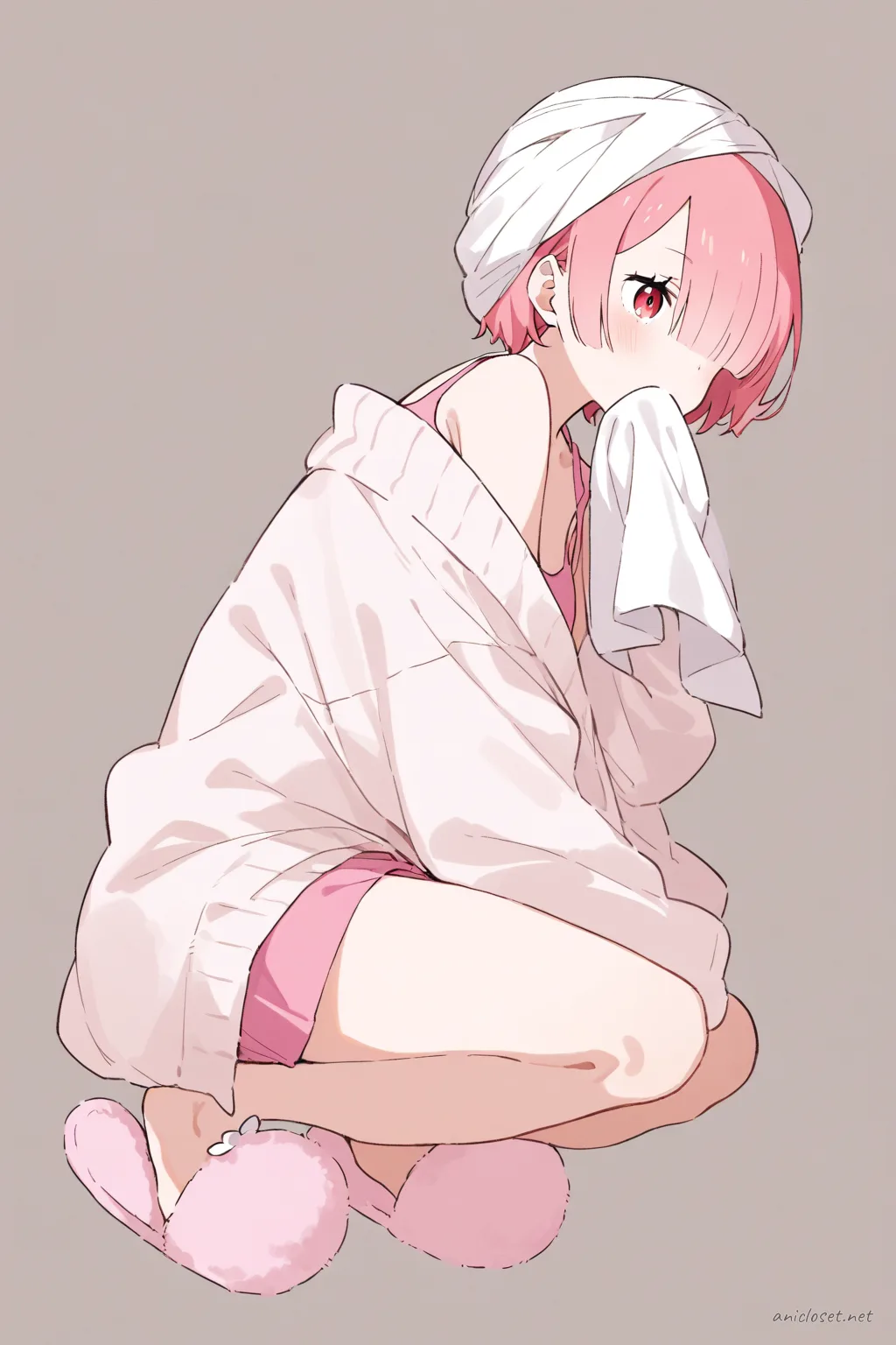 Illustration of Ram from Re:Zero in a knee-up half-body pose wearing a soft cotton oversized cardigan, loose pastel pink tank top, high-waisted lounge shorts, fuzzy slippers, and hair wrapped in a white towel turban against a simple studio background with soft natural lighting