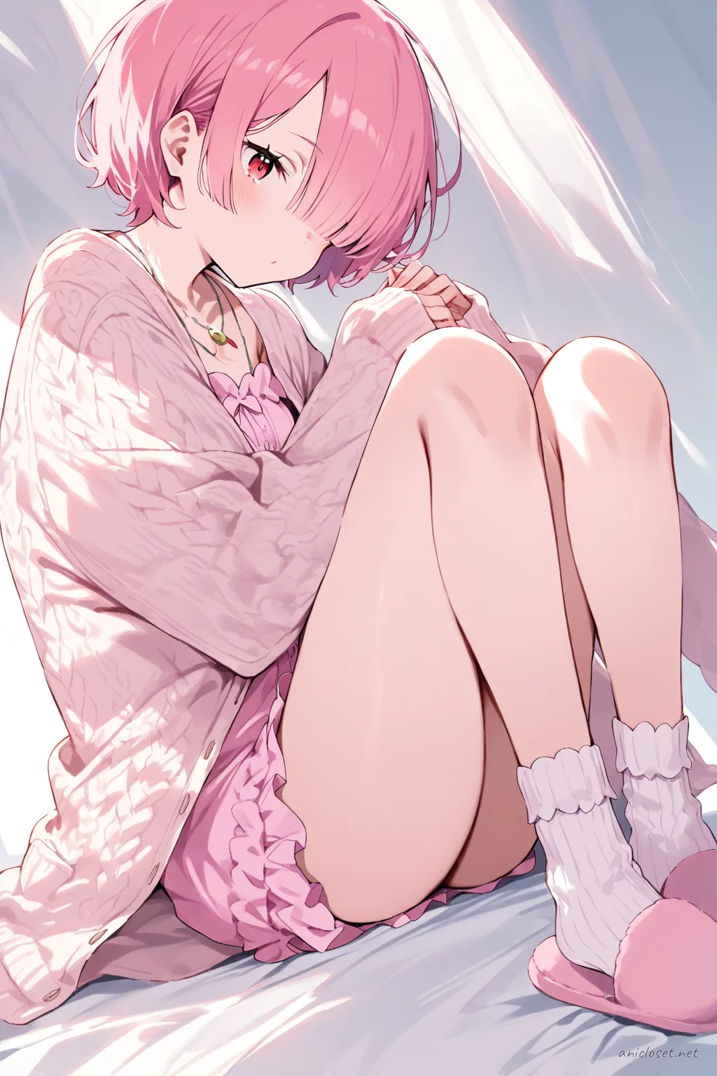 Full-body illustration of Ram from Re:Zero wearing a soft pink sleeveless lounge dress with ruffled hem, cozy knit cardigan, pastel pink slippers, and delicate ankle socks, standing against a clean studio backdrop.