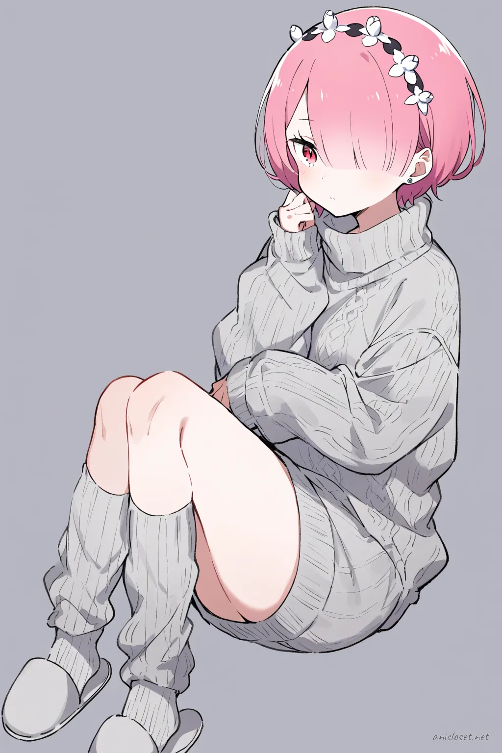 Full-body three-quarter view of Ram wearing a gray knit oversized sweater, gray lounge pants, cozy gray slippers, ribbed knit socks, silver stud earrings, and a soft gray headband against a plain light gray background
