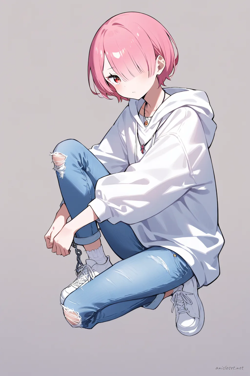 Full-body illustration of Ram from Re:Zero wearing an oversized hoodie, light blue cuffed jeans, white sneakers, standing against a clean studio backdrop