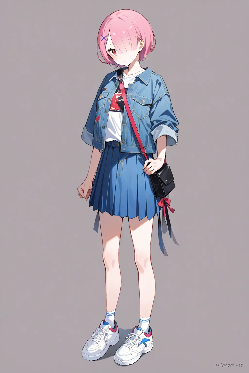 Full-body three-quarter view illustration of Ram from Re:Zero wearing a denim jacket, graphic t-shirt, pleated skirt, white sneakers, ankle socks, and crossbody bag on a simple studio background