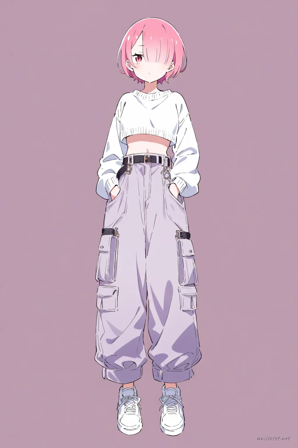 Full-body illustration of Ram from Re:Zero wearing a cropped long-sleeve knit sweater, high-waisted tapered cargo pants, white sneakers, and minimal silver jewelry against a clean studio backdrop