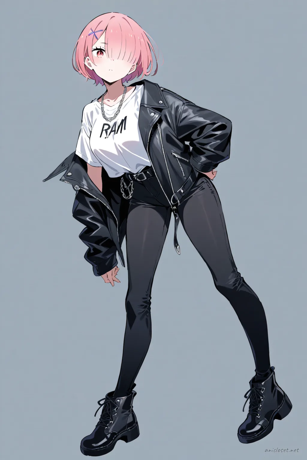 Full-body three-quarter view of Ram from Re:Zero wearing a black leather jacket, white graphic tee, black slim jeans, black ankle boots, and silver chain necklace against a simple studio background