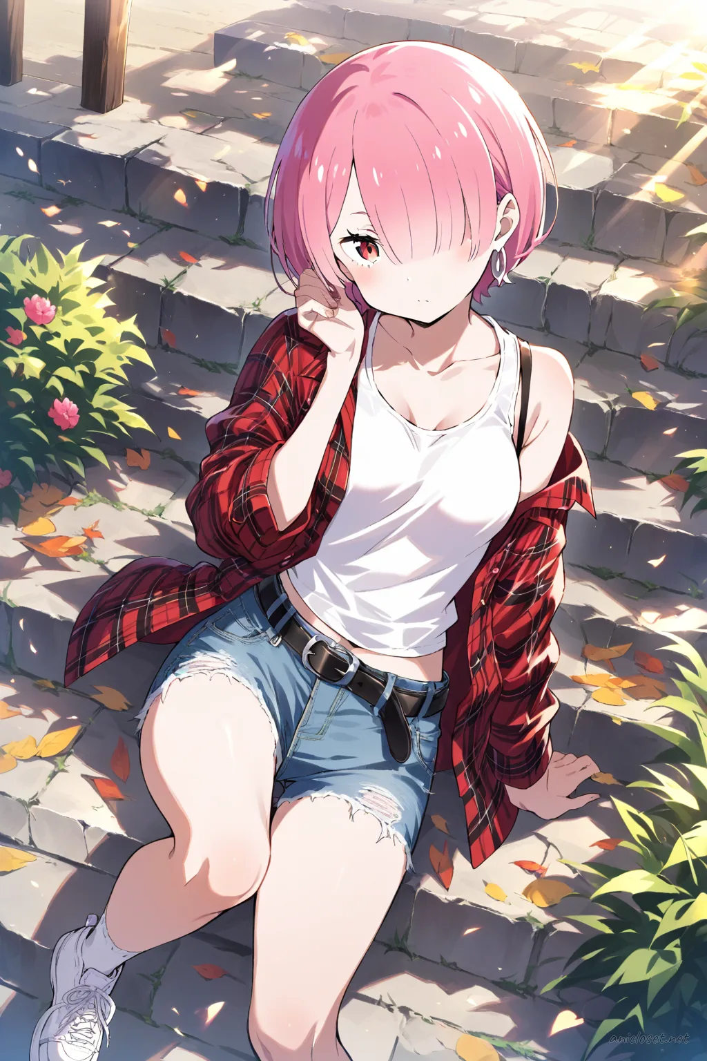 Full-body illustration of Ram from Re:Zero wearing a red plaid button-up shirt layered over a white tank top, denim cutoff shorts, white ankle socks, and white low-top sneakers, standing against a clean studio backdrop with shoes visible