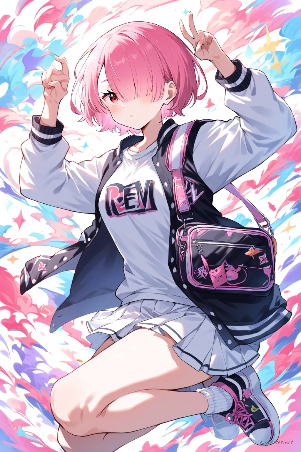 Illustration of Ram wearing a varsity jacket, white t-shirt, pleated tennis skirt, white ankle socks, and chunky sneakers walking outside a school gate with bike racks in late afternoon sunlight