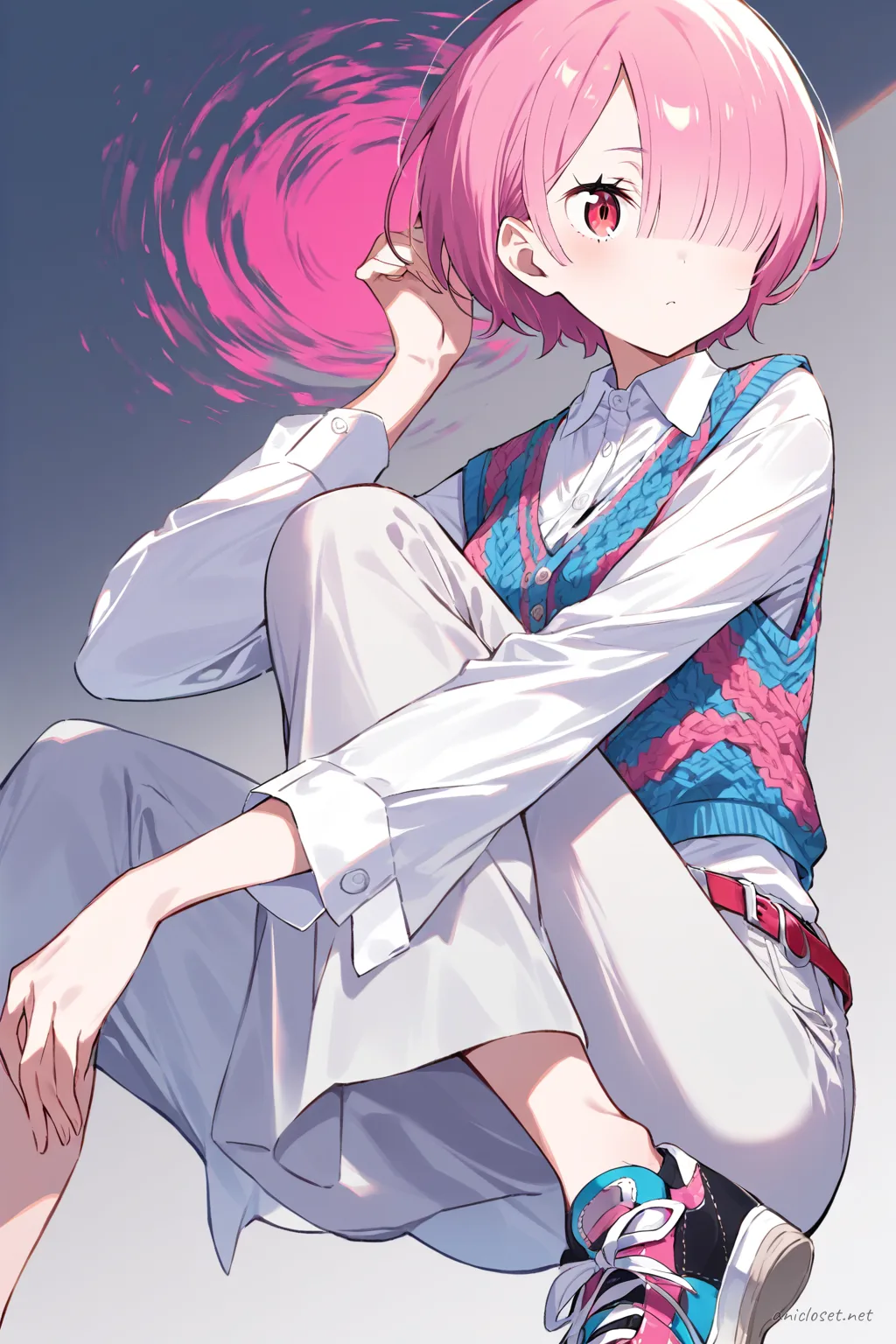 Full-body illustration of Ram wearing a knit vest over a long-sleeve button-up shirt paired with wide-leg pants and slip-on sneakers, standing against a clean studio backdrop