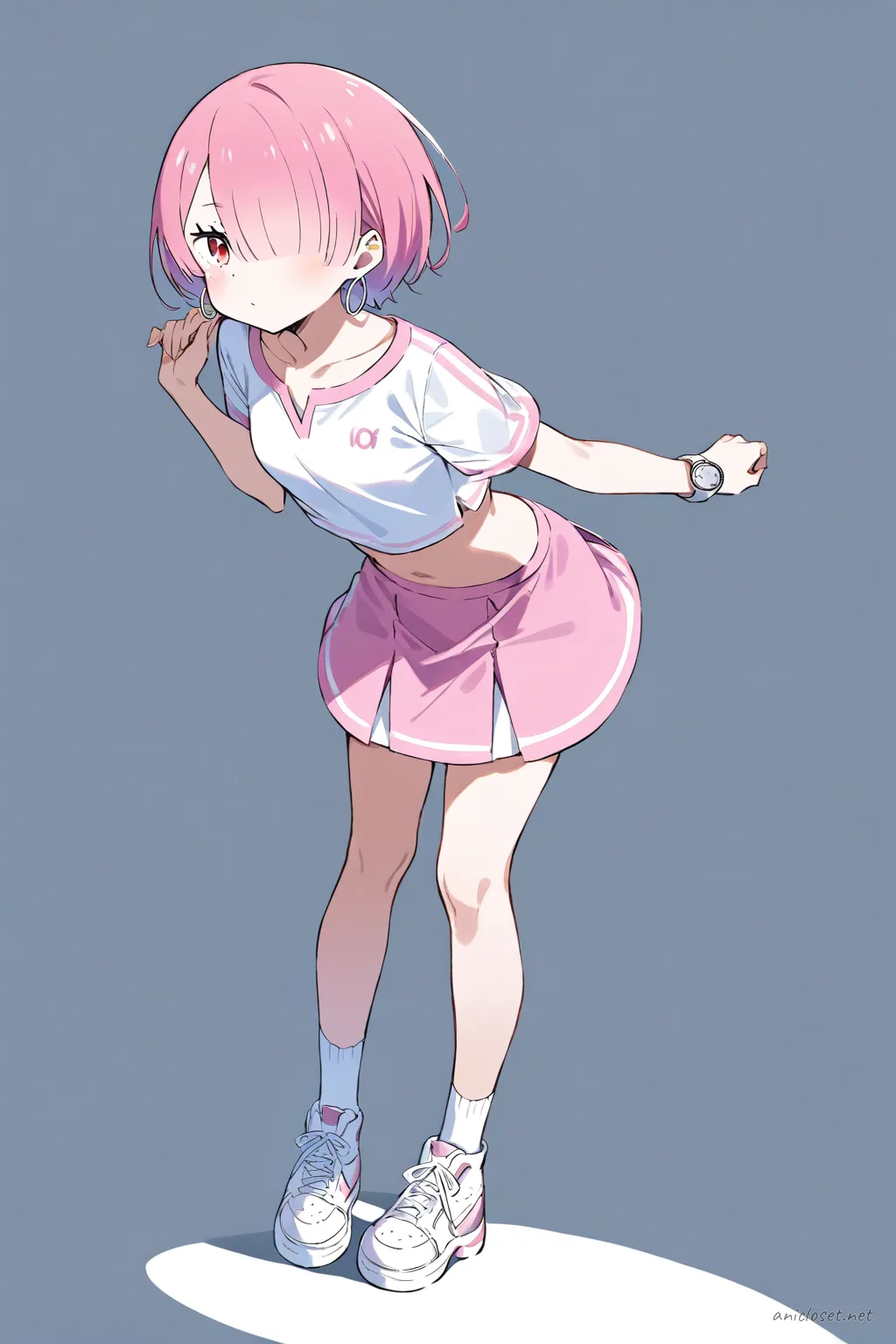 Illustration of Ram from Re:Zero wearing a white short-sleeve crop top, pastel pink tennis skirt, white ankle socks, and white chunky sneakers, standing against a clean studio backdrop