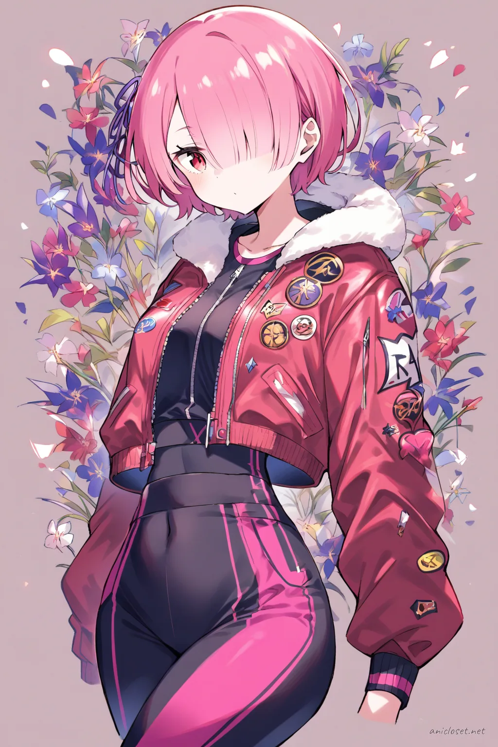 Illustration of Ram from Re:Zero wearing a cropped zip-up bomber jacket and slim tapered joggers in a soft-lit studio setting