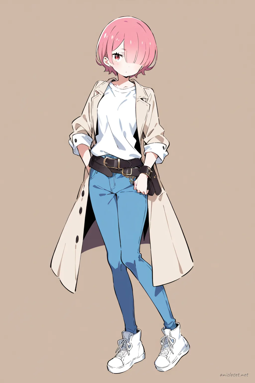 Full-body illustration of Ram from Re:Zero wearing a minimal beige trench coat, light blue skinny jeans with rolled cuffs, white crew neck t-shirt, black leather belt, white low-top sneakers, and a small crossbody bag, standing against a clean studio backdrop