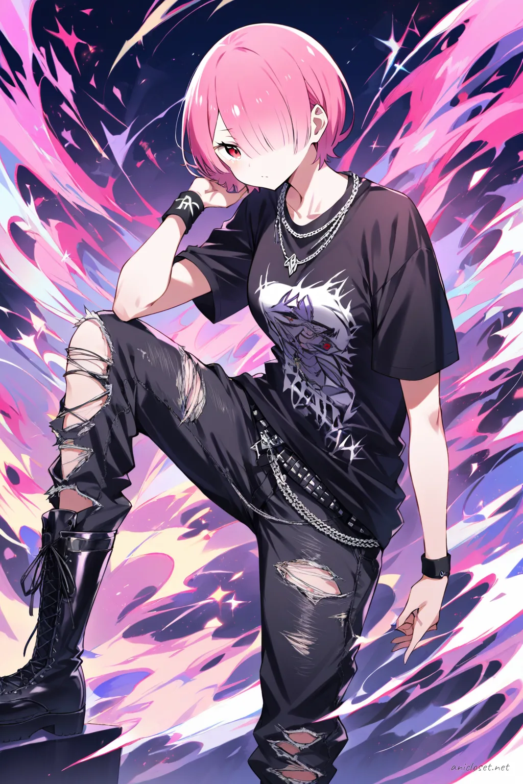 Full-body illustration of Ram from Re:Zero wearing a black band t-shirt, ripped skinny jeans, black leather combat boots, silver chain necklace, studded belt, and black wristband, standing against a clean studio backdrop.
