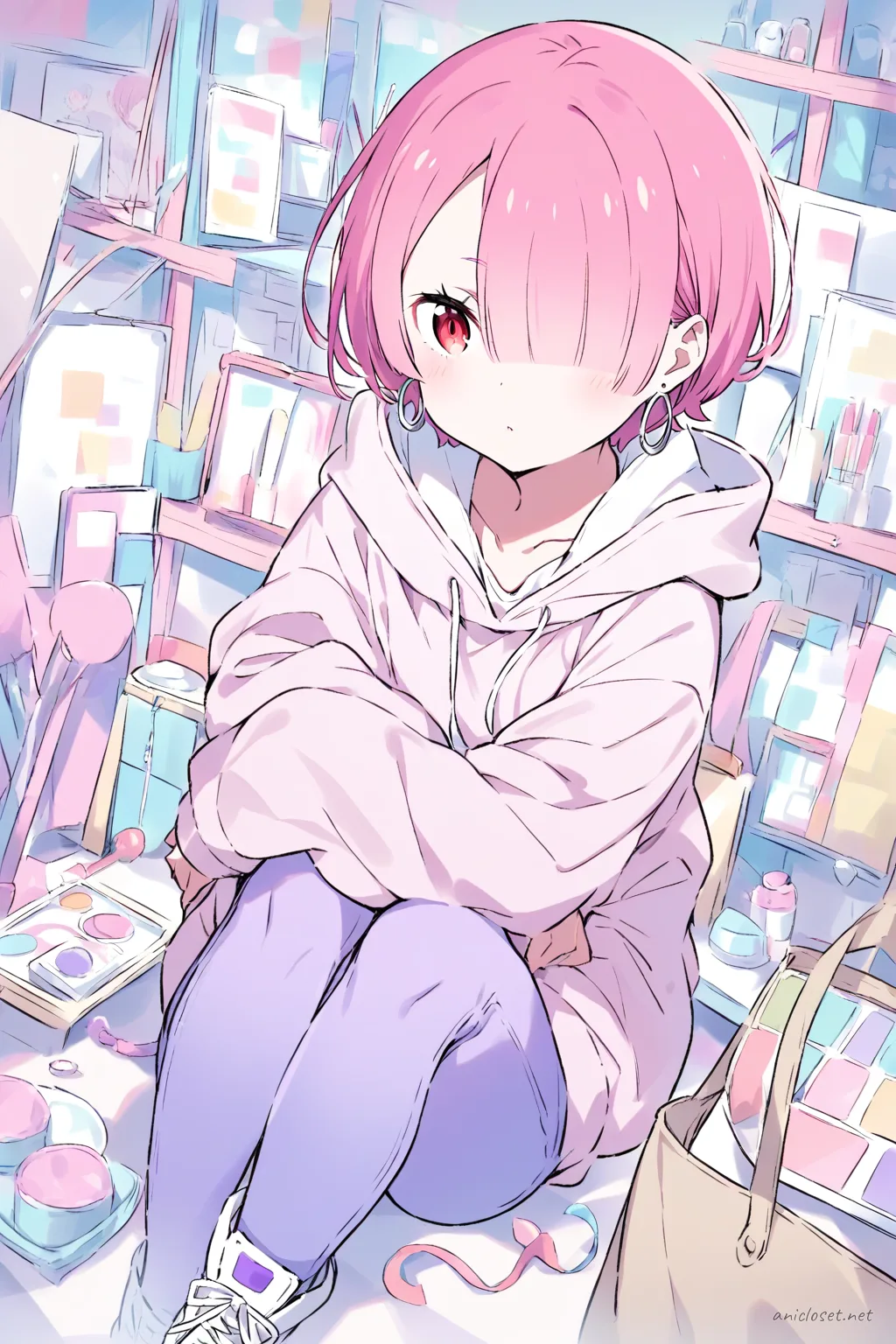 Illustration of Ram wearing pastel pink oversized hoodie, light lavender skinny jeans, white sneakers, and beige canvas tote bag in soft studio lighting