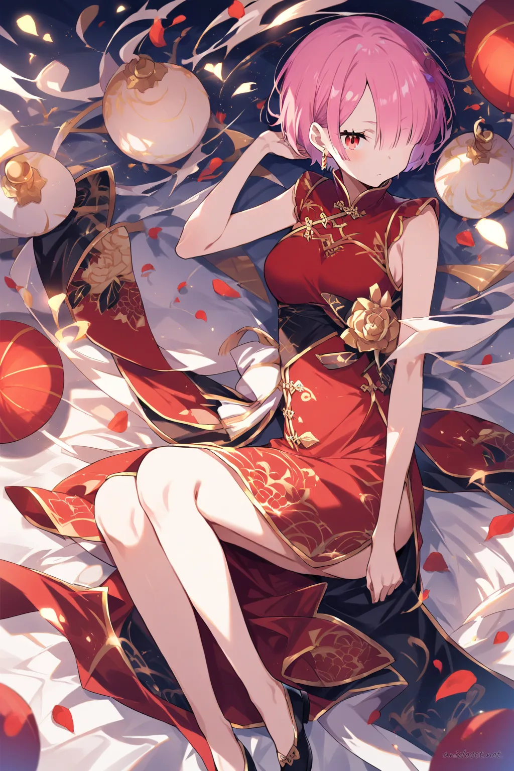 Full-body illustration of Ram from Re:Zero wearing a classic red qipao with gold trim, modest hem, black mary janes, and white ankle socks, standing against a clean studio background