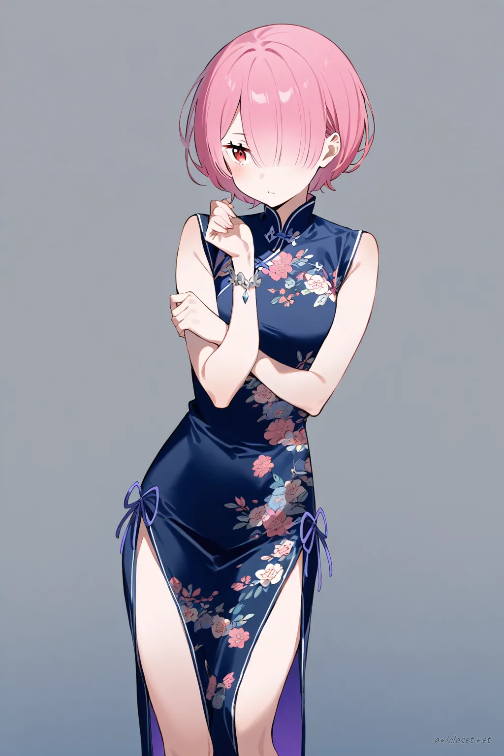 Full-body three-quarter view of Ram wearing a navy blue cheongsam with subtle floral embroidery, mandarin collar, sleeveless, and side slit, paired with black ballet flats and a silver bracelet on a clean studio background