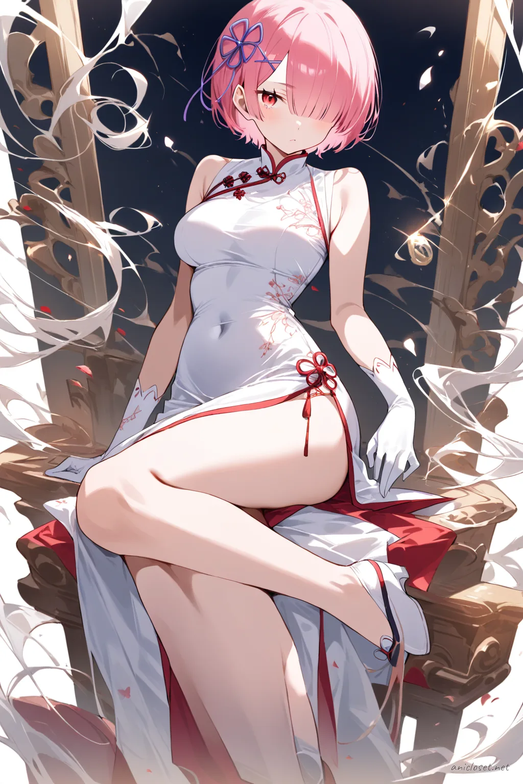 Full-body three-quarter view of Ram from Re:Zero wearing a white silk sleeveless qipao with high slit and mandarin collar, paired with white silk gloves and flats, simple pearl earrings, on a clean studio background