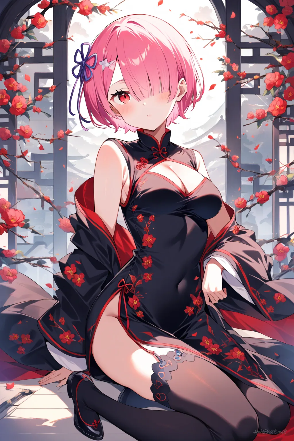 Illustration of Ram from Re:Zero wearing a black sleeveless qipao with high collar and side slits, black thigh-high stockings, and red tassel earrings under soft studio lighting