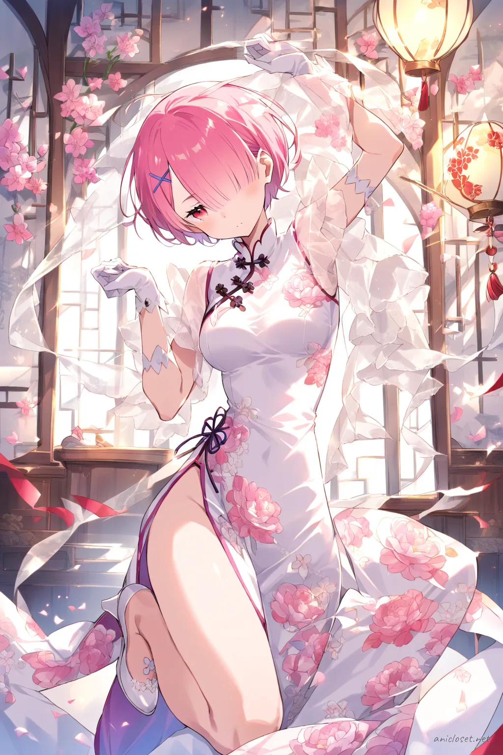 Full-body three-quarter view illustration of Ram wearing a pastel pink qipao with floral embroidery, mandarin collar, side slit, sheer white gloves, and white kitten heels against a clean background