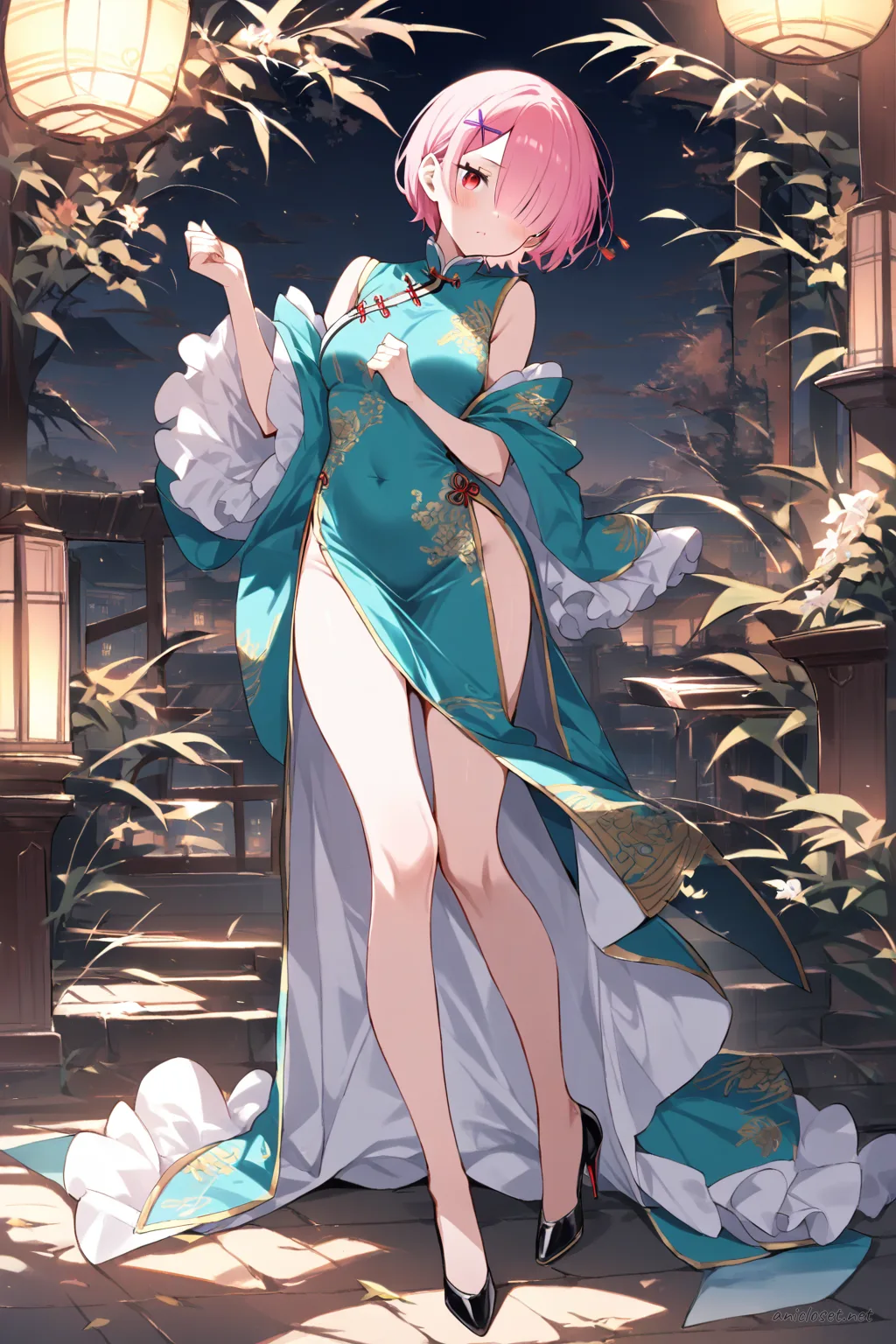 Full-body three-quarter view illustration of Ram wearing a teal modern cut qipao with gold embroidery, high side slits, mandarin collar, sleeveless design, and black stiletto heels against a simple studio background