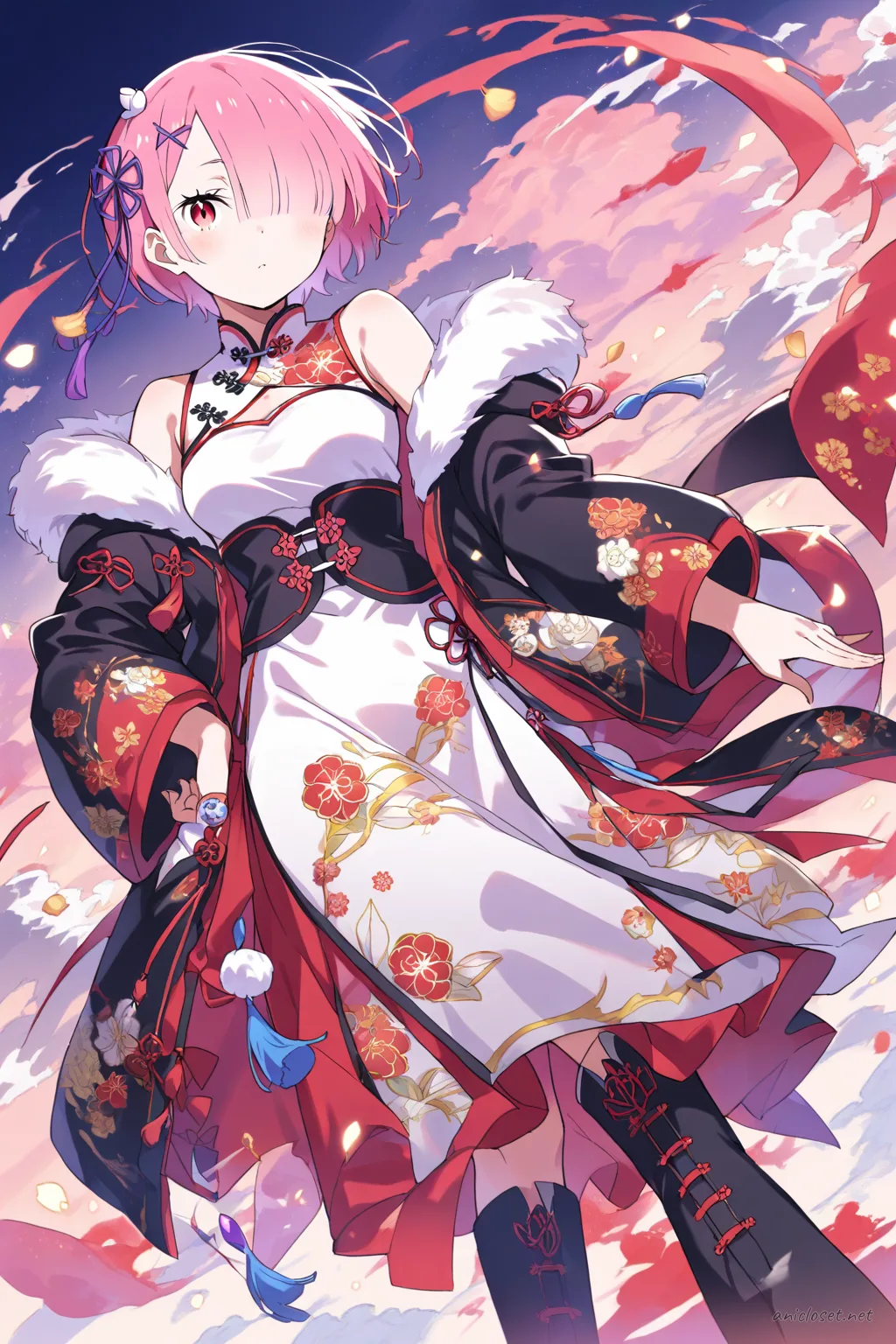 Full-body three-quarter view of Ram from Re:Zero wearing a winter long-sleeved qipao with floral embroidery, short fur-trimmed padded jacket, black ankle boots, sheer tights, and fingerless gloves against a clean background