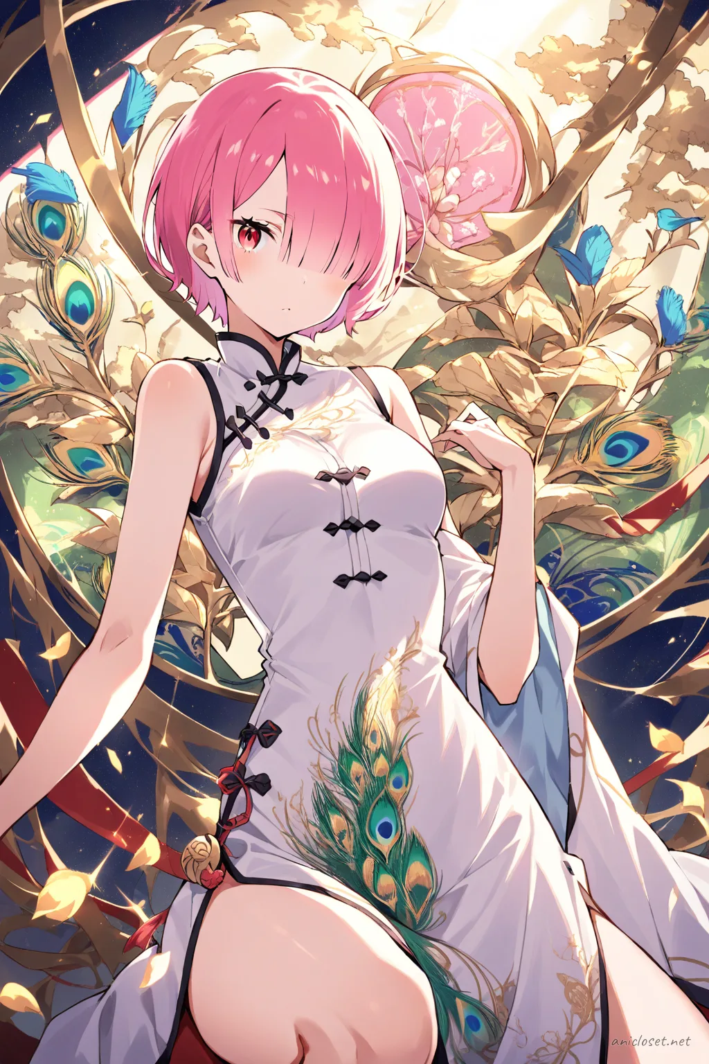 Knee-up half-body illustration of Ram from Re:Zero wearing a patterned silk qipao with an abstract peacock motif, soft studio lighting