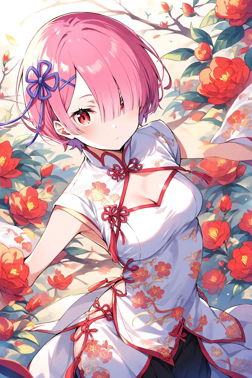 Illustration of Ram from Re:Zero wearing a modest qipao with wide-legged trousers, embroidered floral patterns, and traditional Chinese knot buttons under soft studio lighting