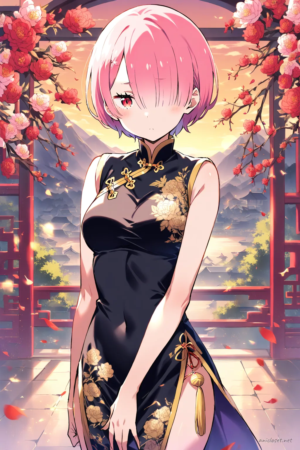 Ram from Re:Zero wearing a fitted black China dress with gold accents and floral embroidery, shown in a knee-up half-body pose under soft studio lighting