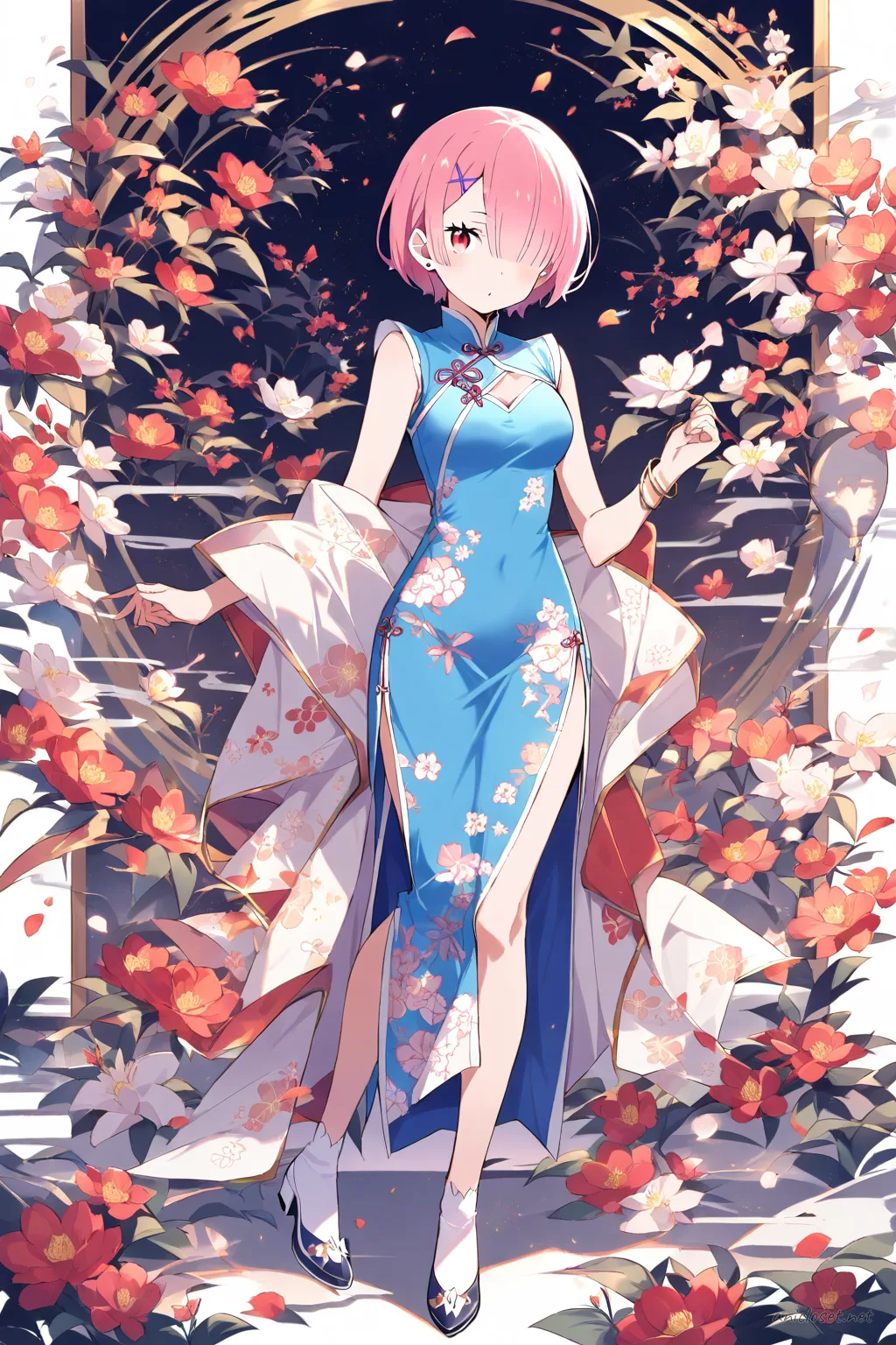 Full-body three-quarter view illustration of Ram from Re:Zero wearing a blue floral qipao with high slit and mandarin collar, white ankle-strap heels, gold bracelet, and simple stud earrings on a clean studio background