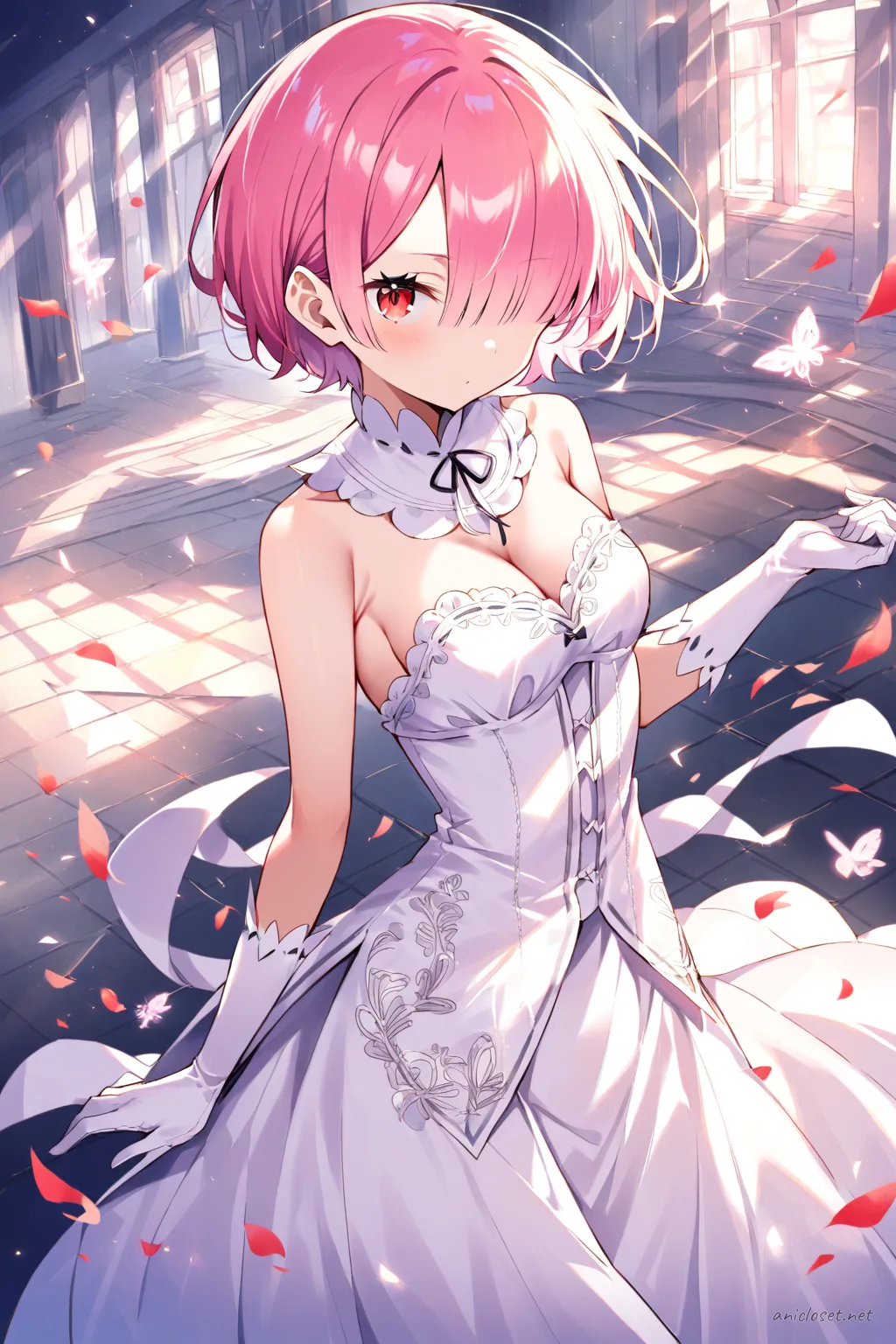 Full-body three-quarter view illustration of Ram from Re:Zero wearing a floor-length satin evening gown with silver embroidery, matching gloves, and silver stilettos against a clean studio background