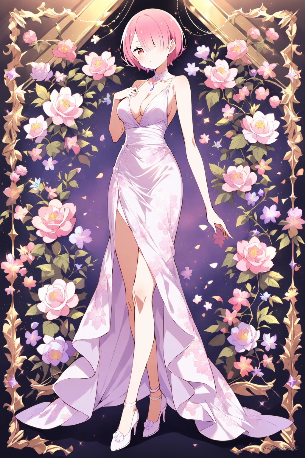 Full-body three-quarter view illustration of Ram from Re:Zero wearing a sleeveless knee-length cocktail dress with subtle floral pattern, fitted waist, v-neckline, elegant strappy heels, pearl stud earrings, small clutch bag, sheer nude pantyhose, and simple bracelet against a clean studio background