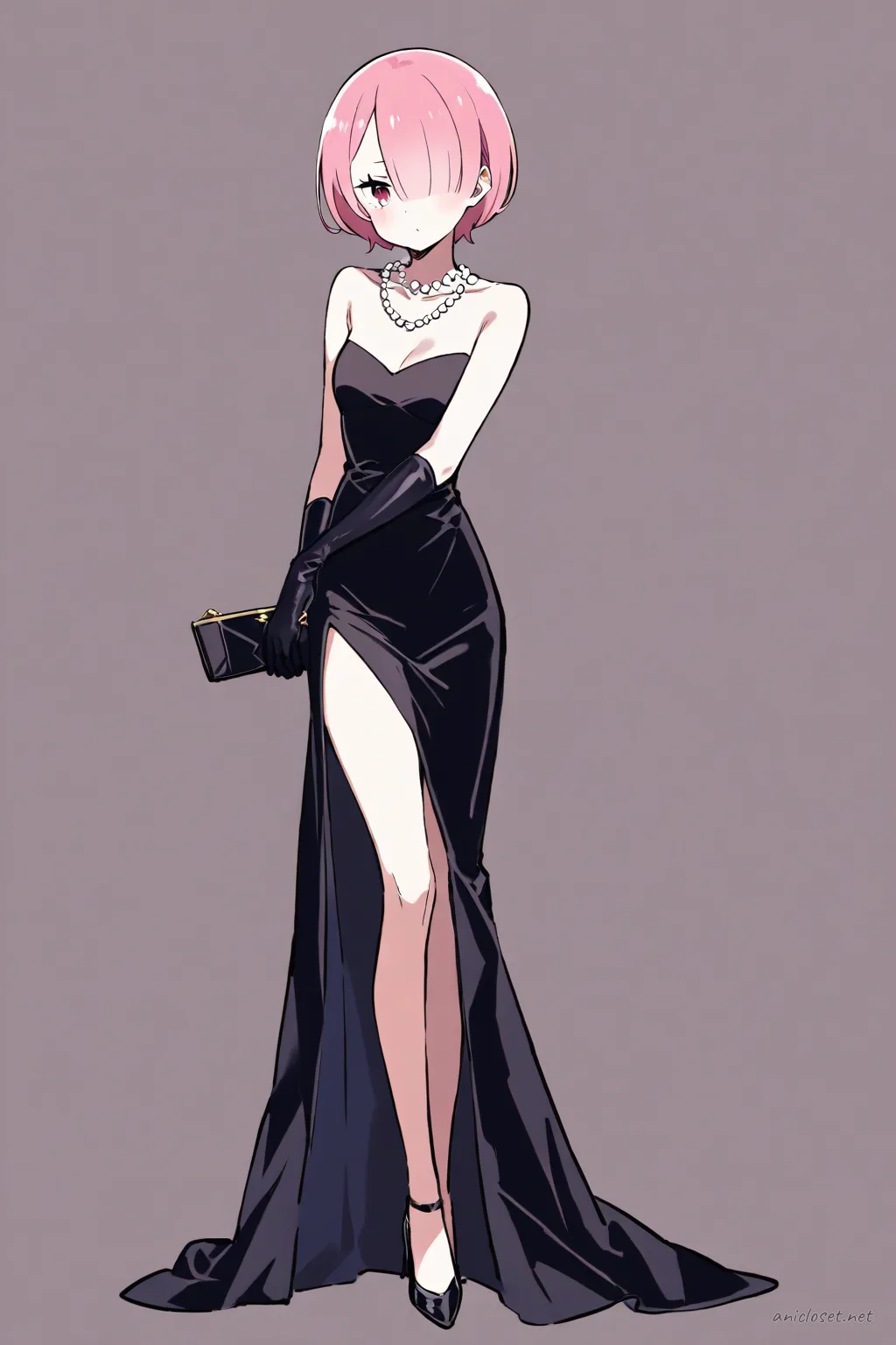 Full-body three-quarter view illustration of Ram from Re:Zero wearing a black tie gown with black opera gloves and stiletto heels, holding a small black clutch purse against a simple studio background